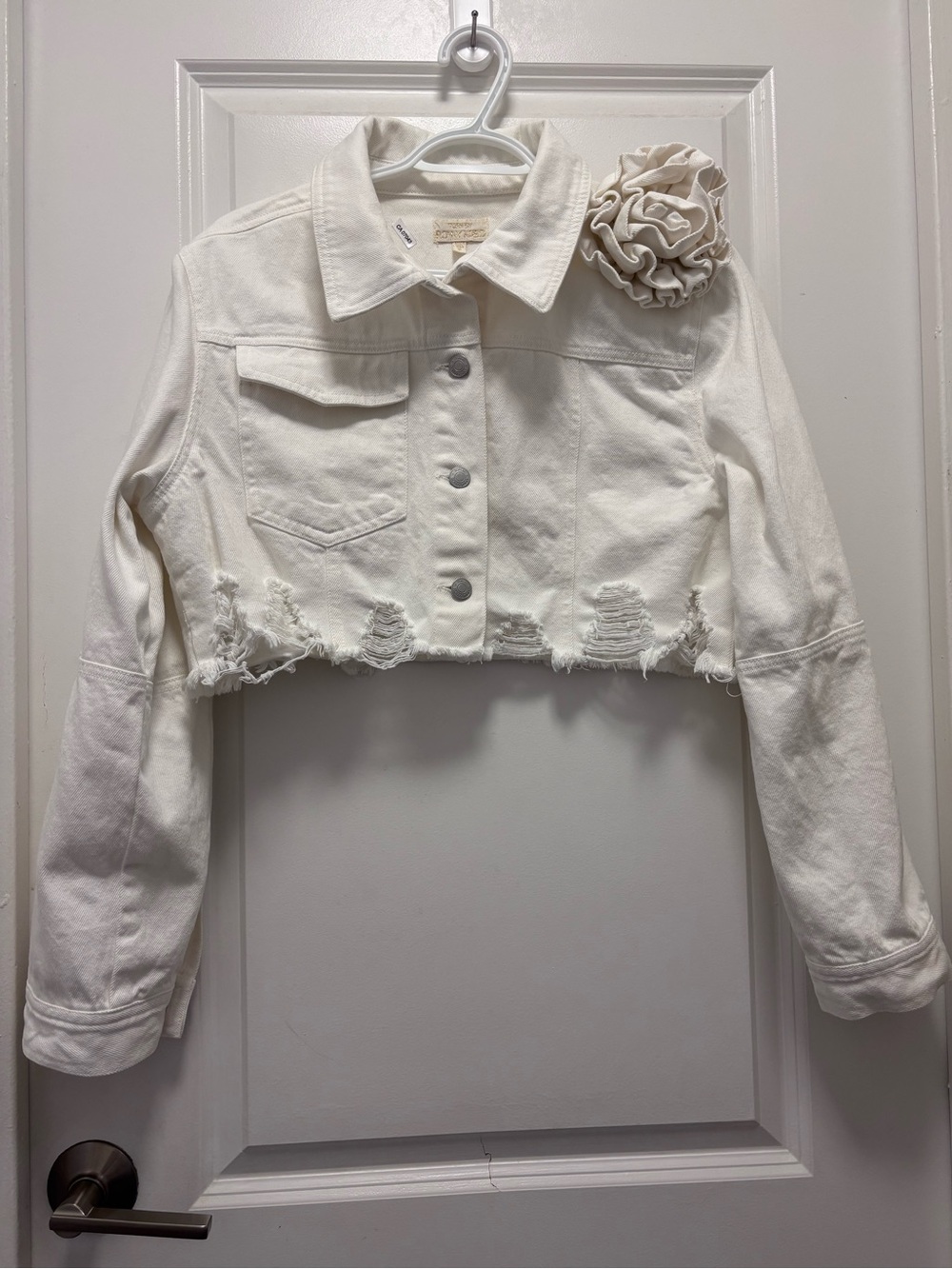 Ronny Kobo Collection Cropped Distressed Denim Jacket - White